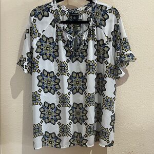 Liz Claiborne White Blouse with Blue and Yellow Pattern